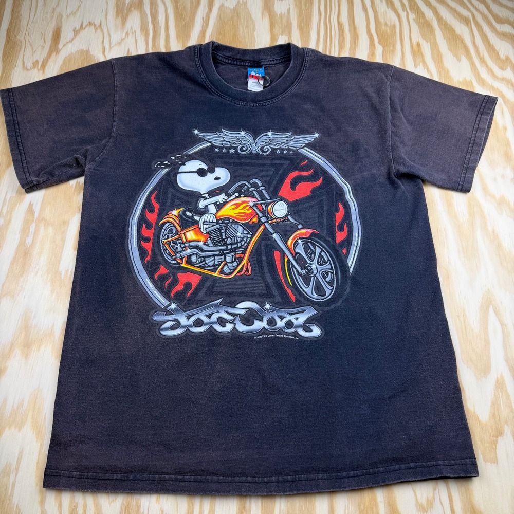 Vintage Peanuts Joe Cool Snoopy Biker Motorcycle Graphic T-Shirt Black Mens M